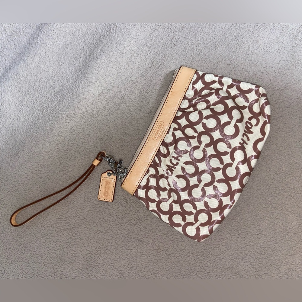 Coach Signature Brown and Cream Wrist Bag